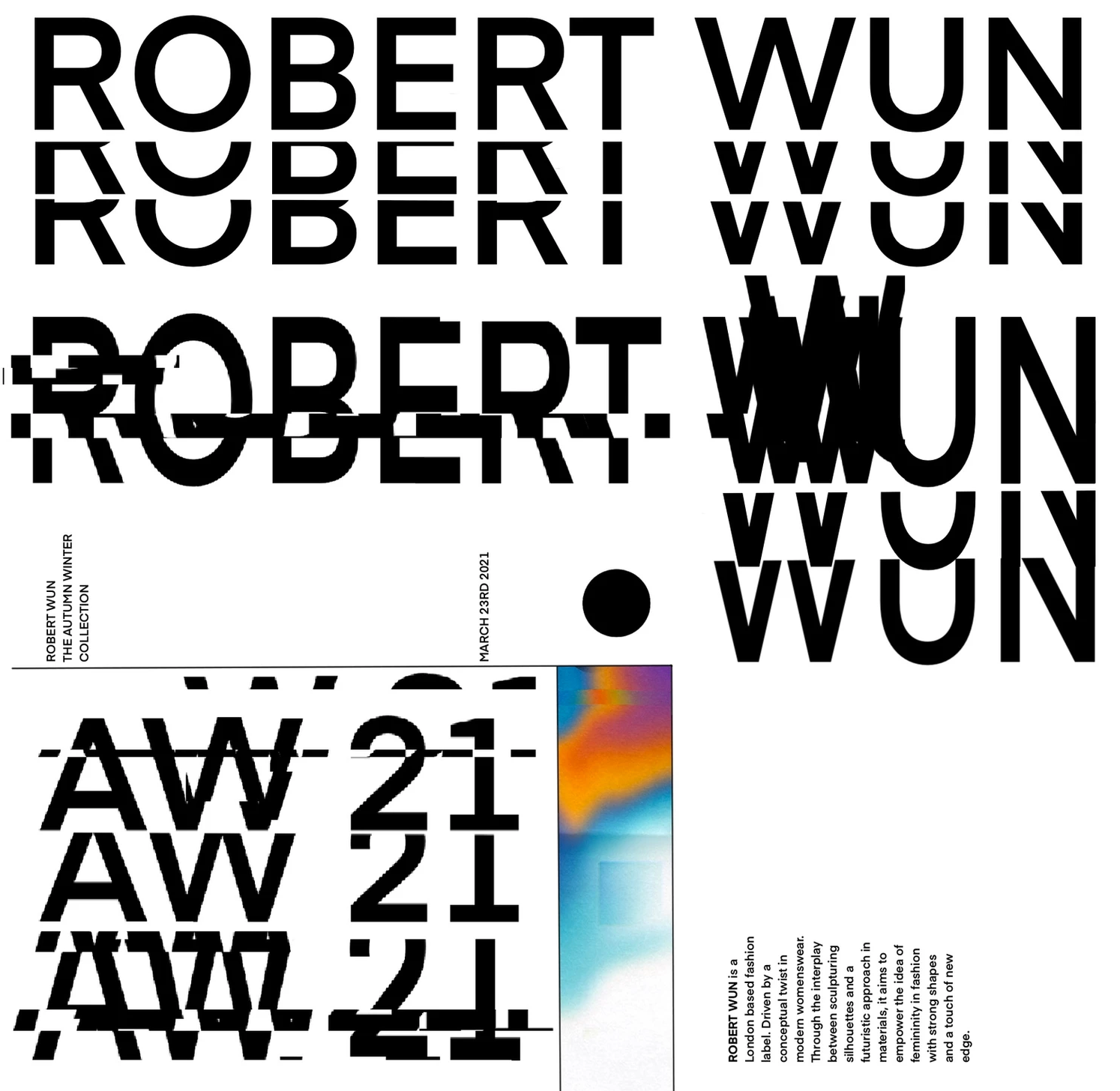 This was a promotional poster I made my sophomore year for one of my favorite fashion designers, Robert Wun, this was based off of his Autumn/Winter collection. In his clothes, there are lots of overlapping pleats, gradient colors and repetition. I tried to translate the style of this specific collection, to the type and visual elements of this poster.