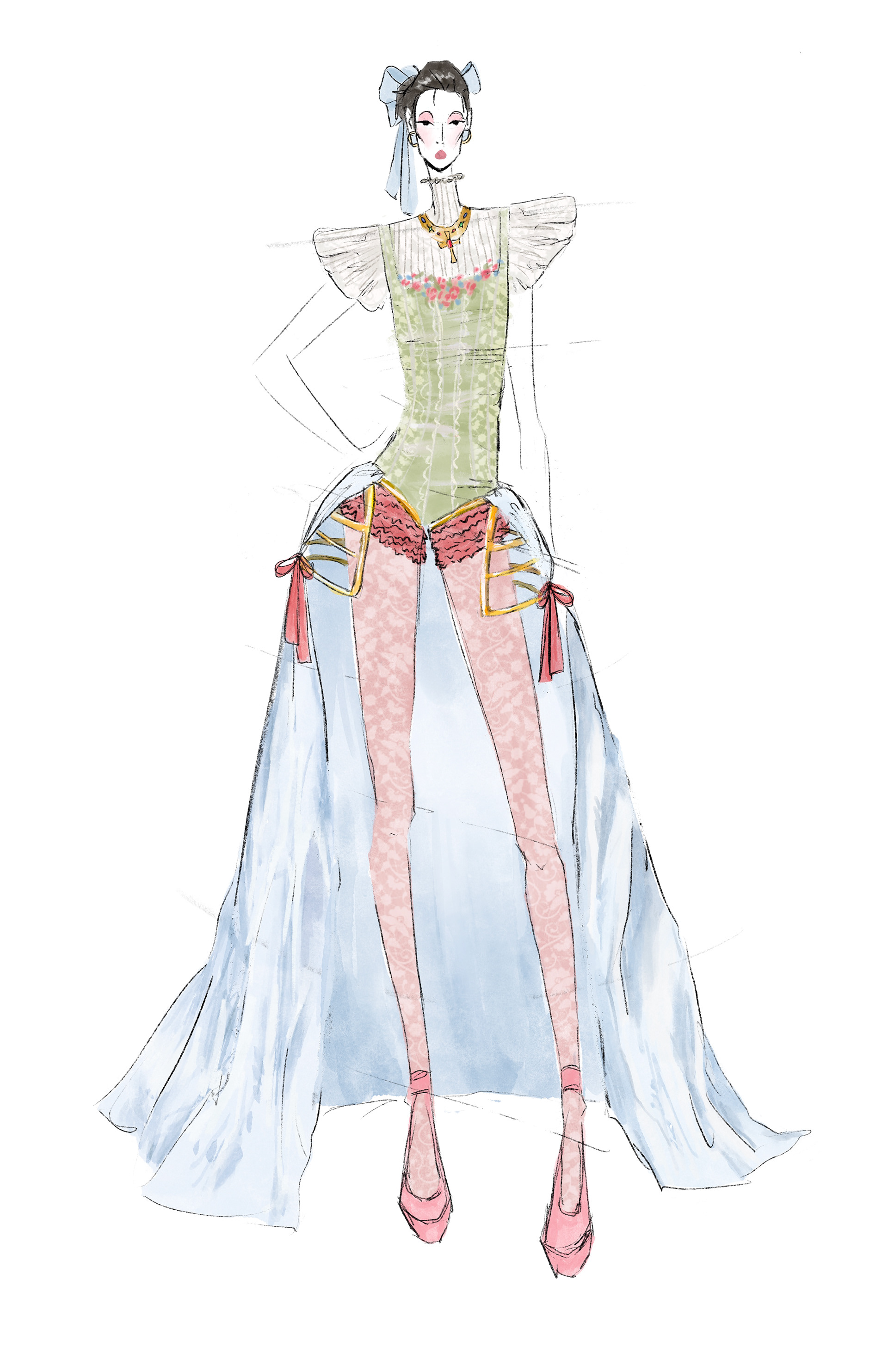 Look 2 represents Marie's transition from Austria to France. She hadn't yet let go of her youth (large bows, frilly bloomers), but was being pieced together by the French people dressing her (dress skirt exposed boning, religious necklaces).