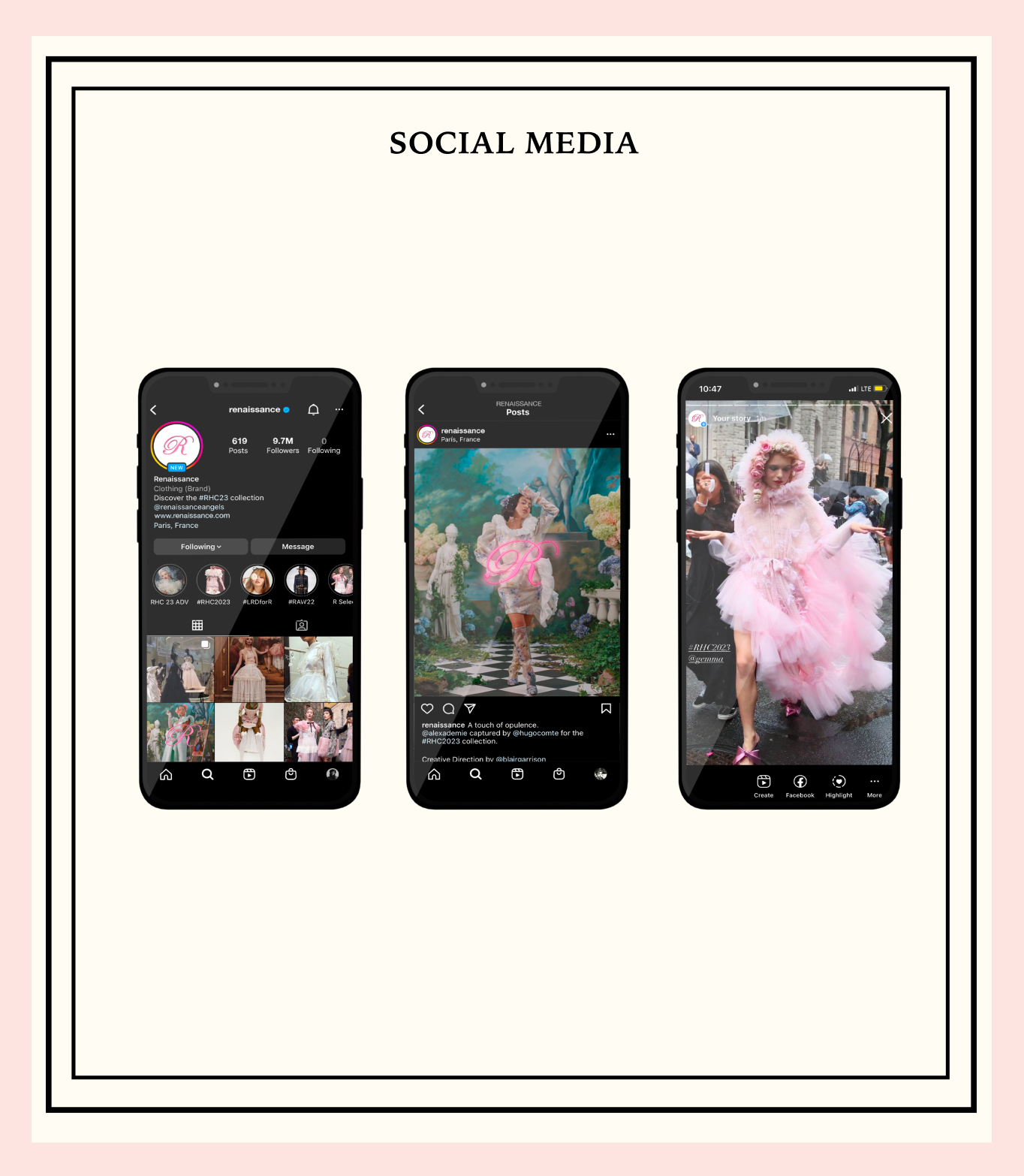 These are social media mockups I made to show what the profile, feed, and instagram stories may look like for the show.