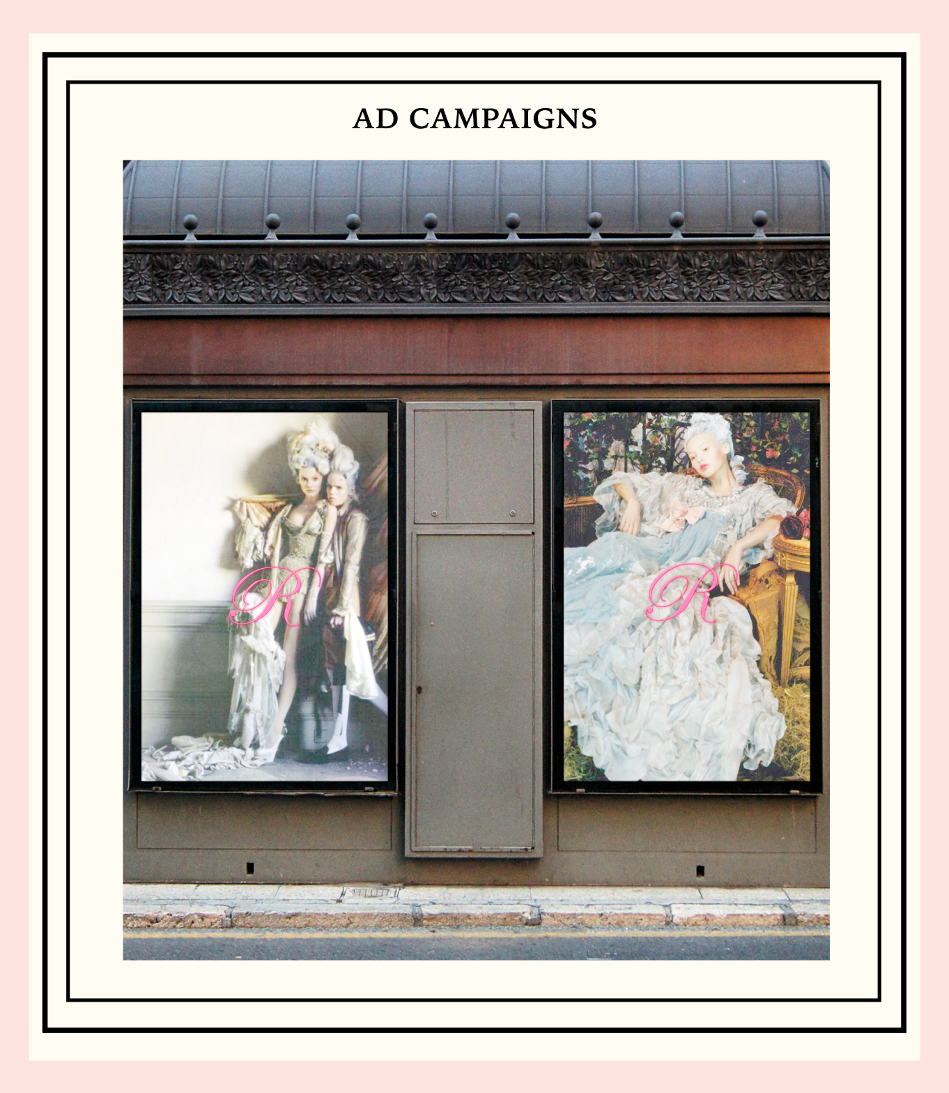 These are quick ad mockups I made. I want the 'R' logo to recognizable in itself, without any other information. So when someone on the street saw that R, they know that Renaissance was releasing a new collection.
