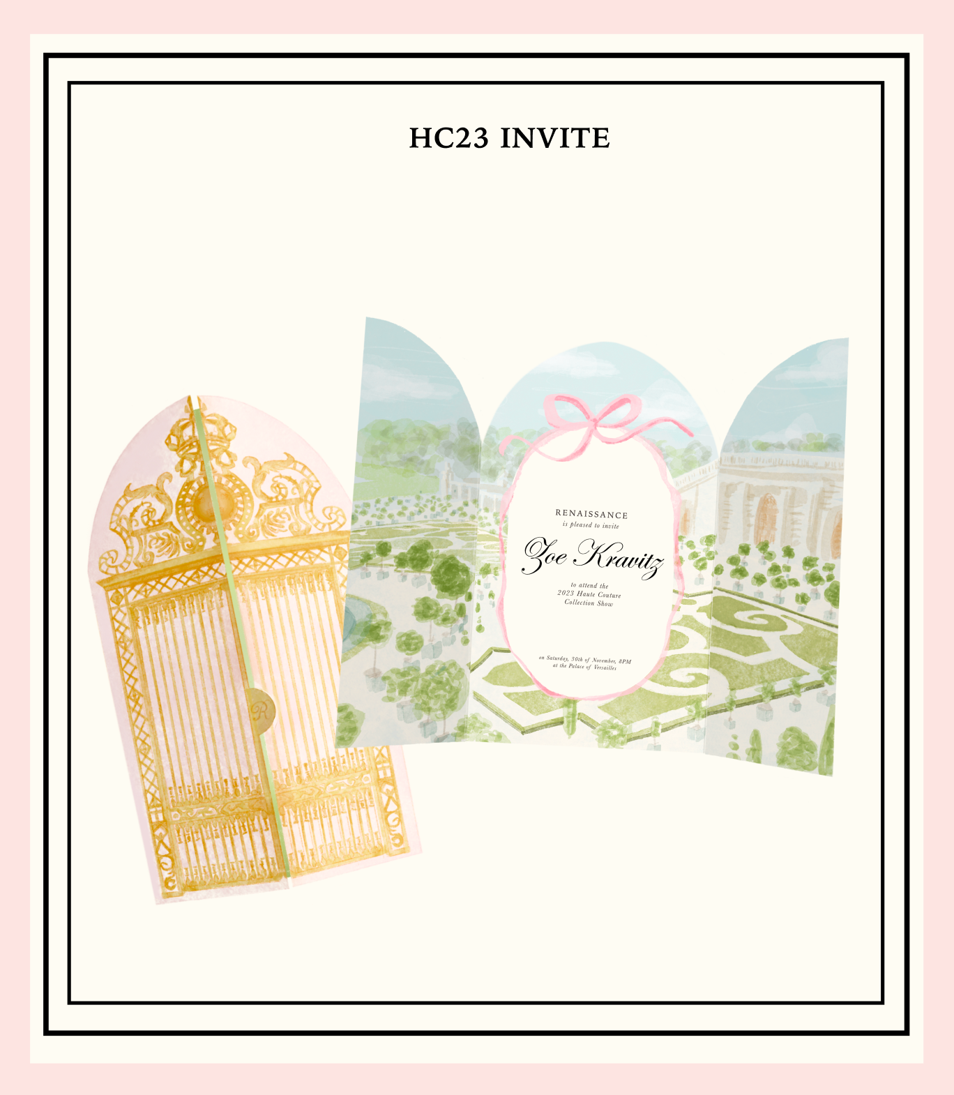 Enclosed in the PR package is the actual invite, which I illustrated to appear at the golden gates in front of the Palace of Versailles, and inside, the gardens.