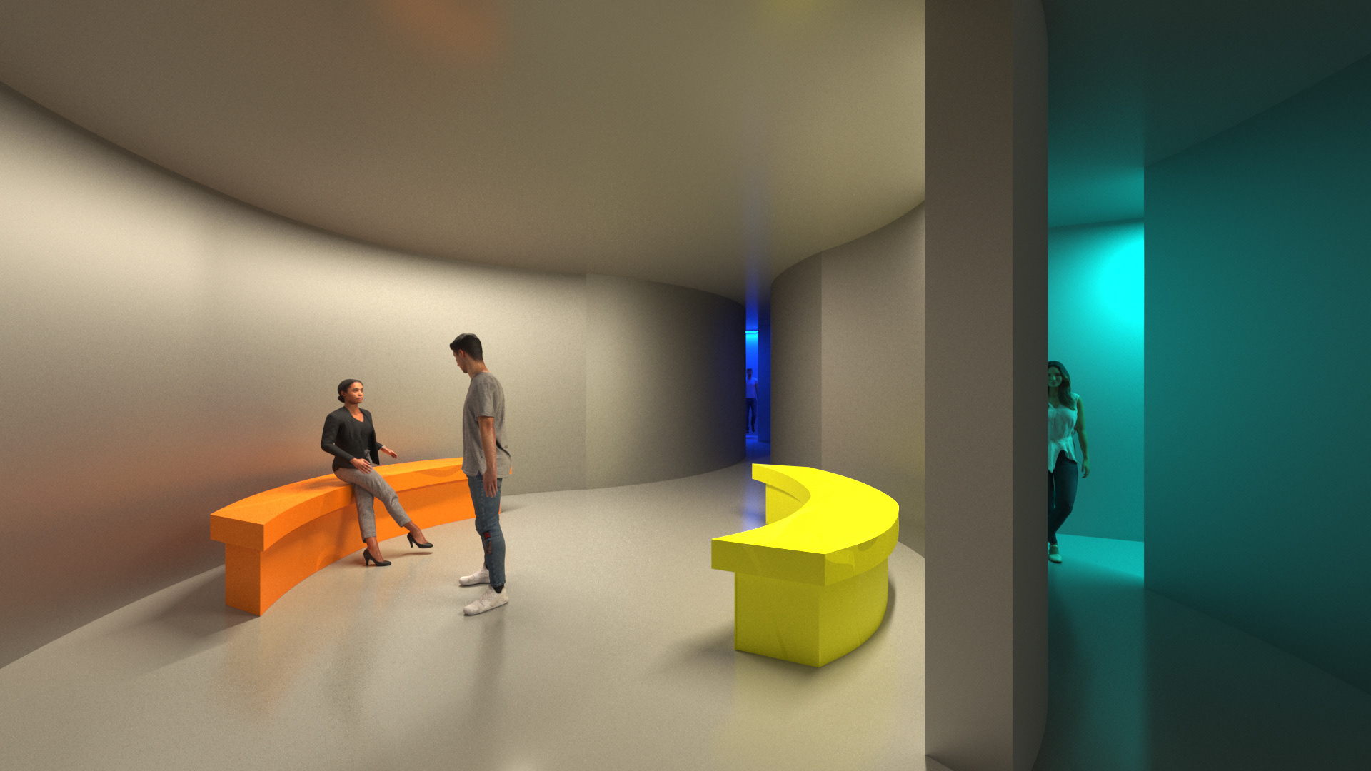 A wide, round space with bright lighting providing relief and opportunities for interaction