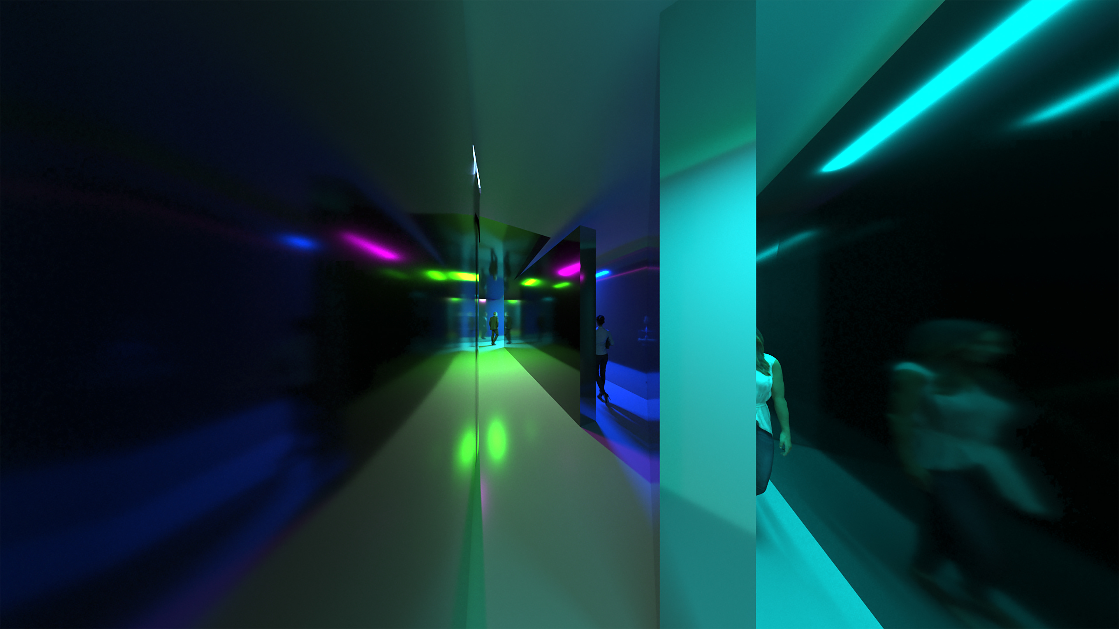 A disorienting space with three pathway options, mirrored walls, and juxtaposed geometries