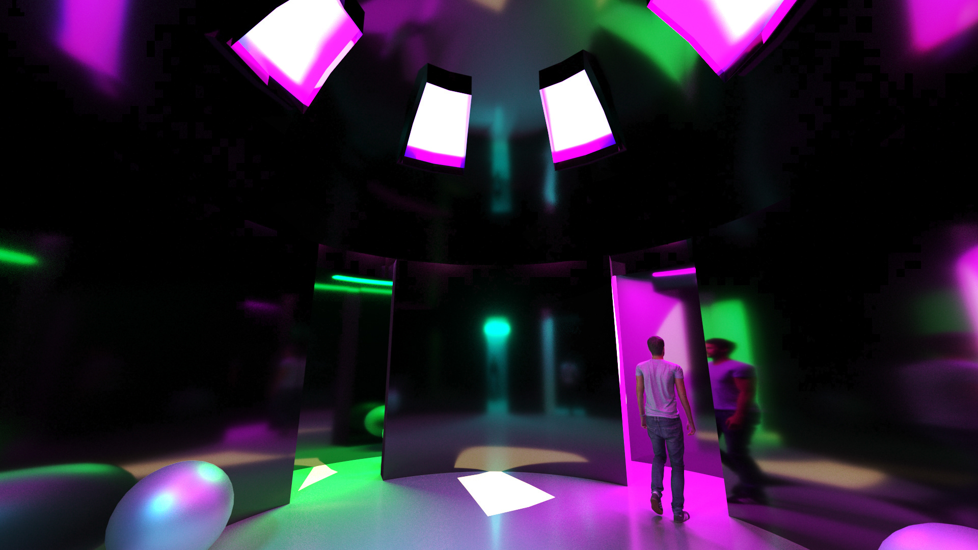 A large dome with mirrored walls and varying light colors augmented by natural skylights diffused through purple window panes