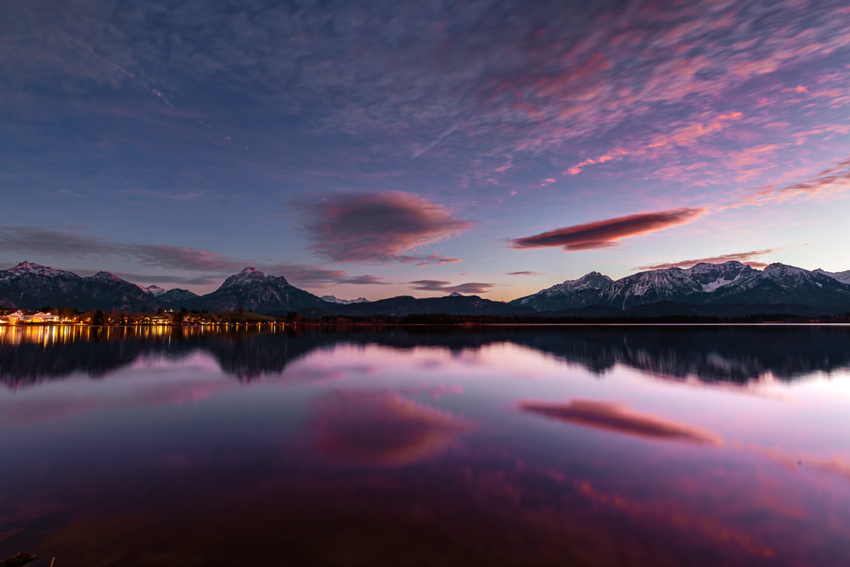 Evening twilight in Hopfensee near Füssen, Bavaria.