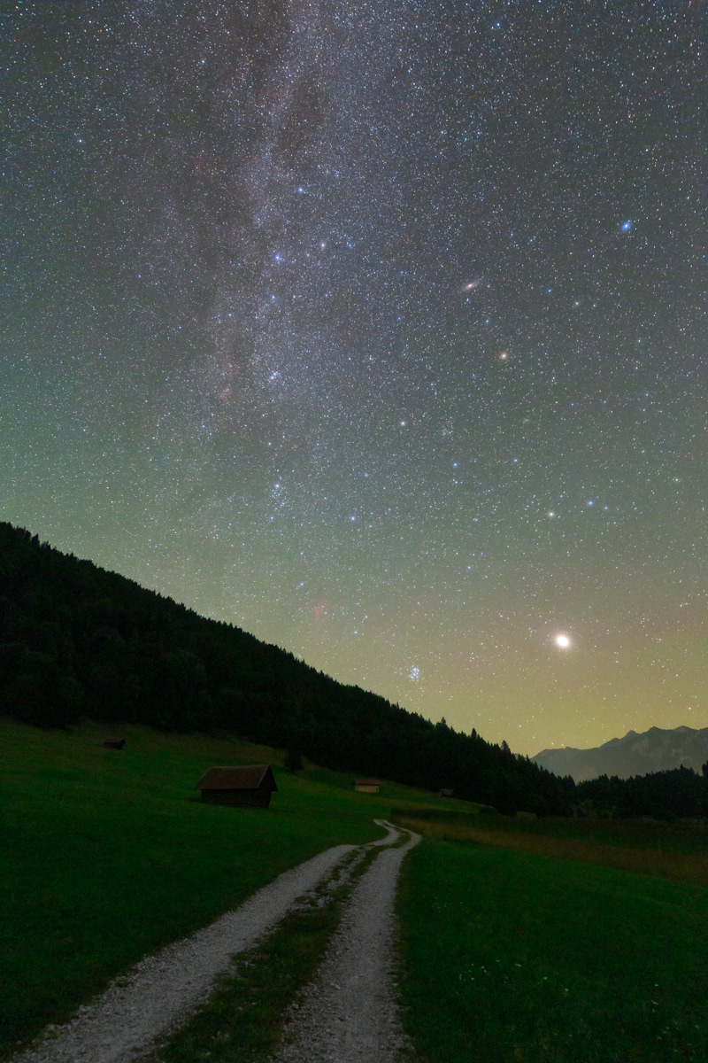 Jupiter and Autumn constellations over meadows in Gerlodsee, Bavaria.