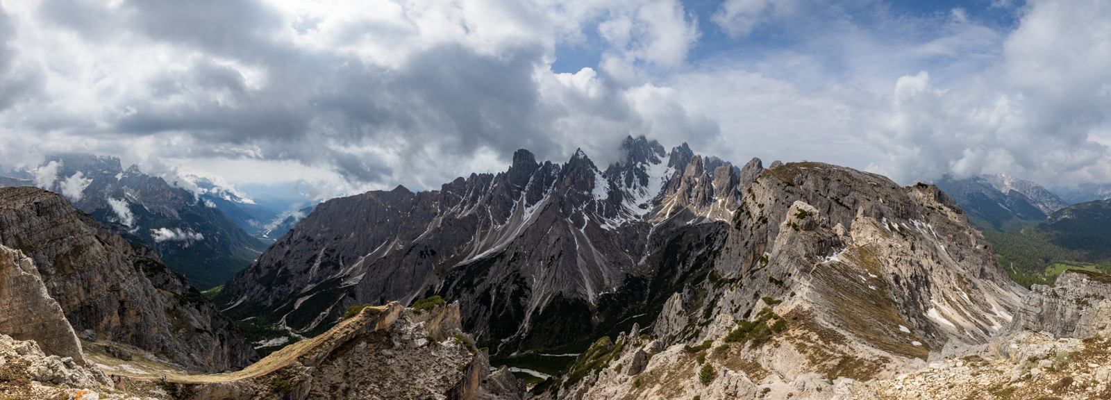Panoramic view of Dolomites as seen from Punto Panoramico Cadini di Misurina viewpoint.