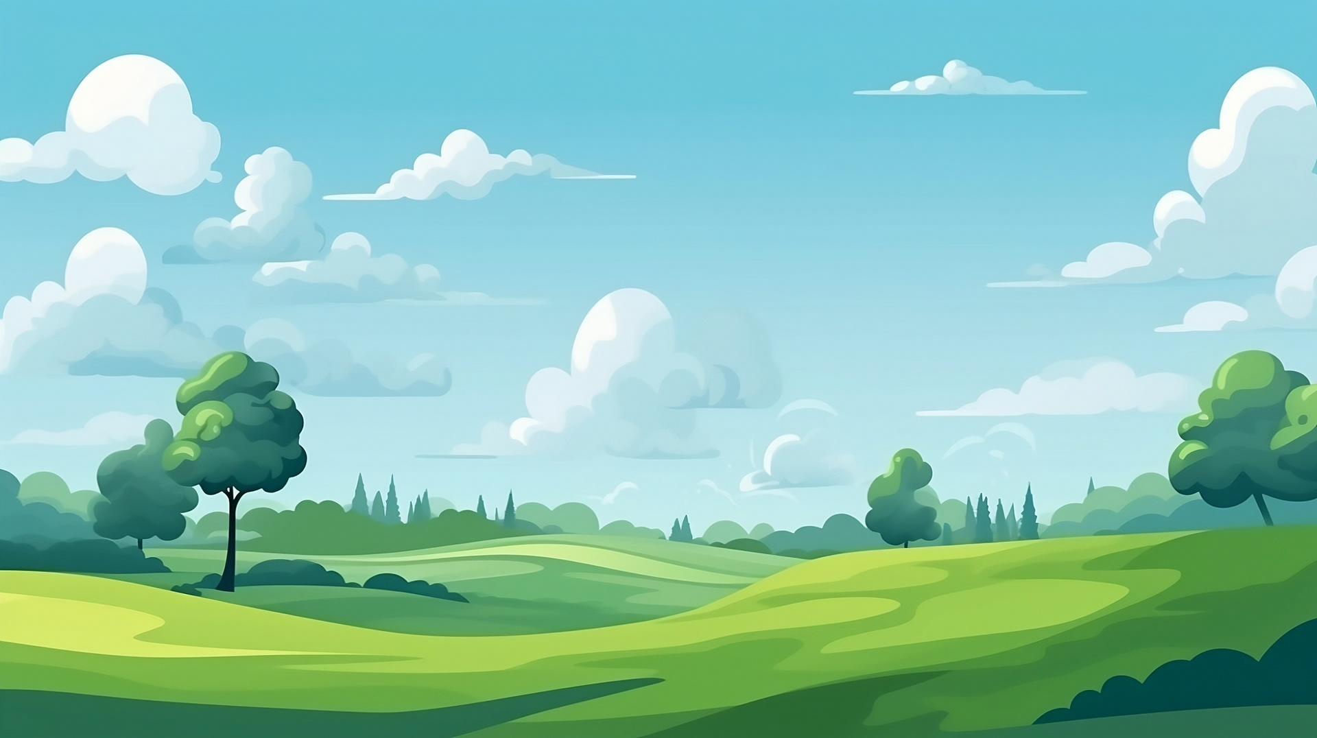 "Golf course in a simplistic vector style during the day with a blue sky"