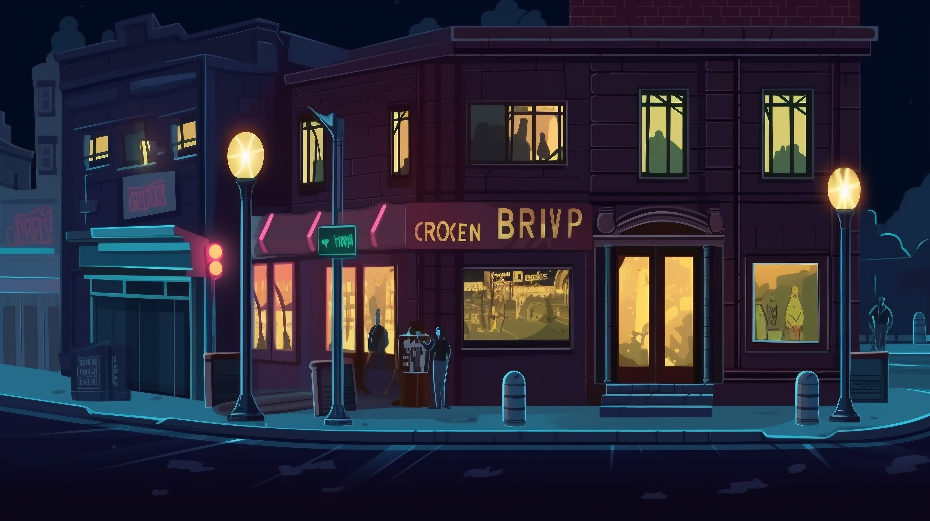 "A simplictic vector illustration of a night city street with a pub that has glowing neon lights"
