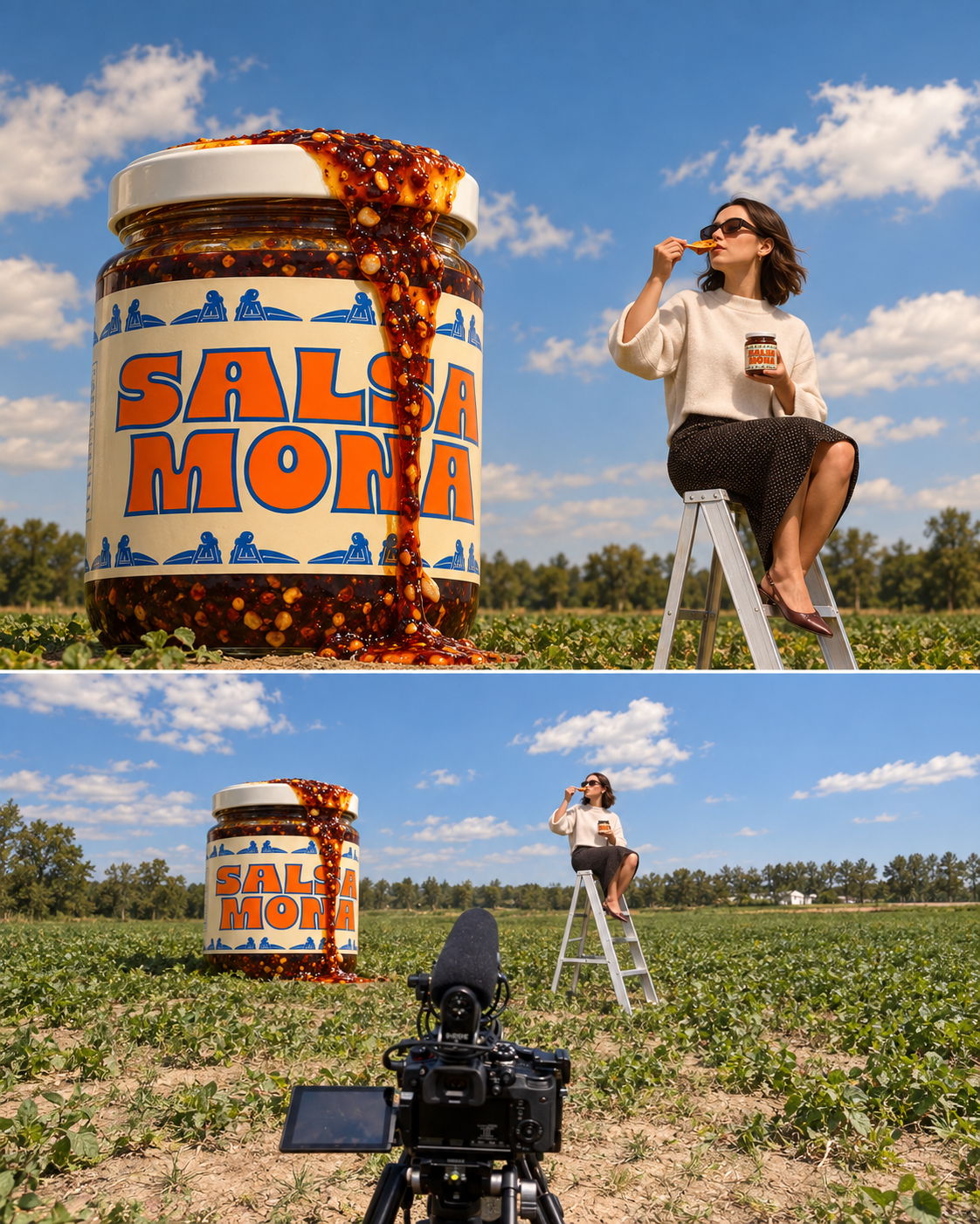 Salsa macha artesanal Salsa Mona en frasco gigante sobre un campo, junto a una mujer que la prueba durante una sesión fotográfica al aire libre.