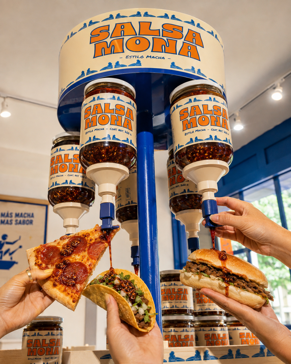 Salsa macha mexicana Salsa Mona en dispensadores, acompañando pizza, tacos y hamburguesas. Salsa artesanal para dar más sabor a tus comidas.