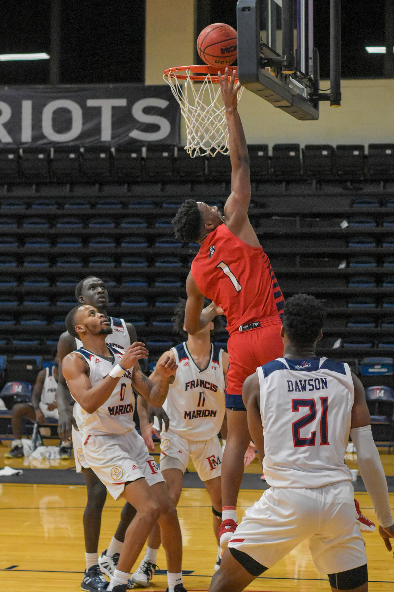 Latreavin Black (#1) of the USC aiken Pacers scores against the FMU Patriots defense during the Peach Belt Conference at Francis Marion University on January 20th, 2021.