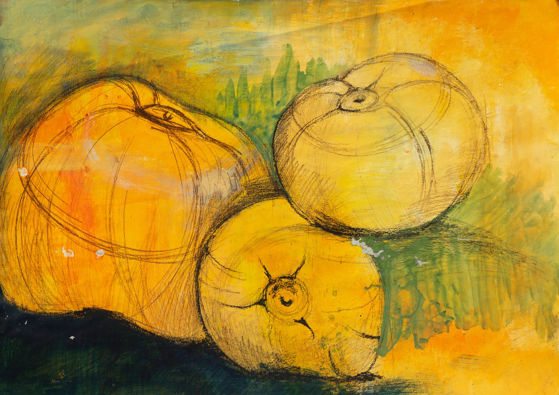Pumpkins – sketch by Michalina Koch, pastel chalk and gouache, 2008