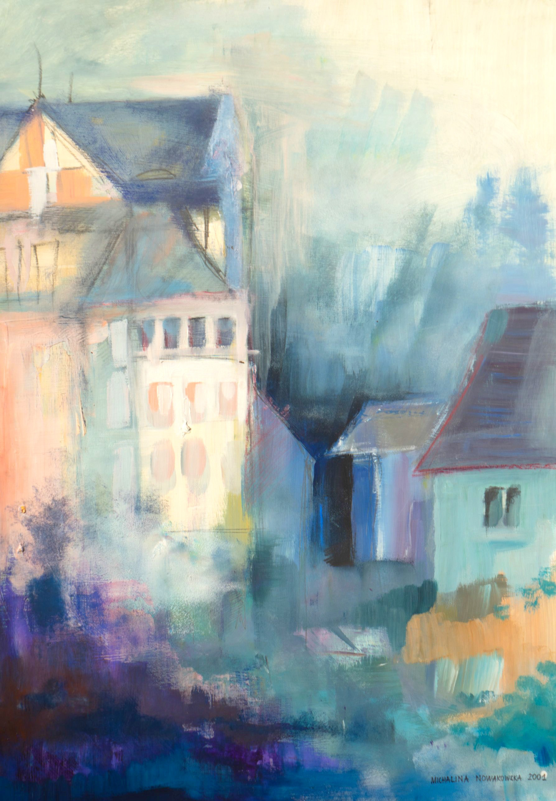 Houses in the Fog – painting by Michalina Koch, acrylic on paper, 2001