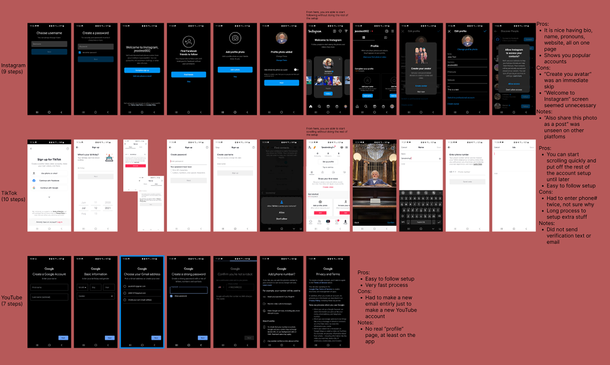 Flow chart created in Figma to track the onboarding process of popular social media apps