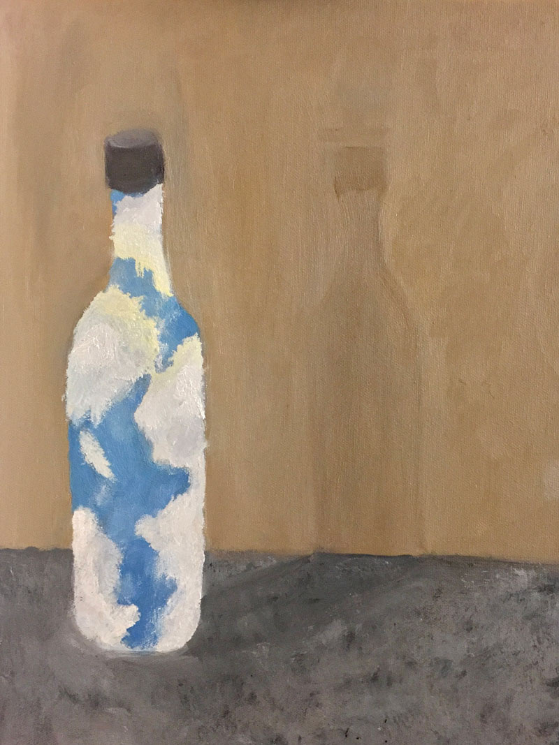 Acryl auf Leinwand, Flasche mit wölken, aus der Kinder Malkurs Vorarlberg