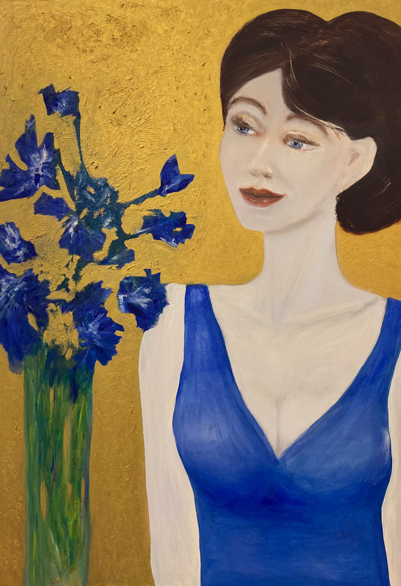 Oelbild Portraet mit blauen Blumen in Vase und Blattgold-Hintergrund – Erwachsenen-Malkurs im Atelier von Malkurs Dornbirn Vorarlberg