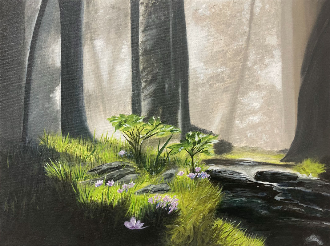 Ölmalerei im Erwachsenenkurs Dornbirn Vorarlberg – detailreiches Ölgemälde mit Waldlandschaft, Gras und natürlicher Lichtstimmung