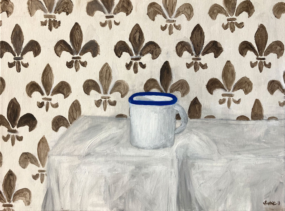 Acrylmalerei im Jugend Malkurs Dornbirn Vorarlberg – kreatives Acrylbild eines Jugendlichen mit Kaffeetasse und dekorativem Tapetenmuster im Hintergrund