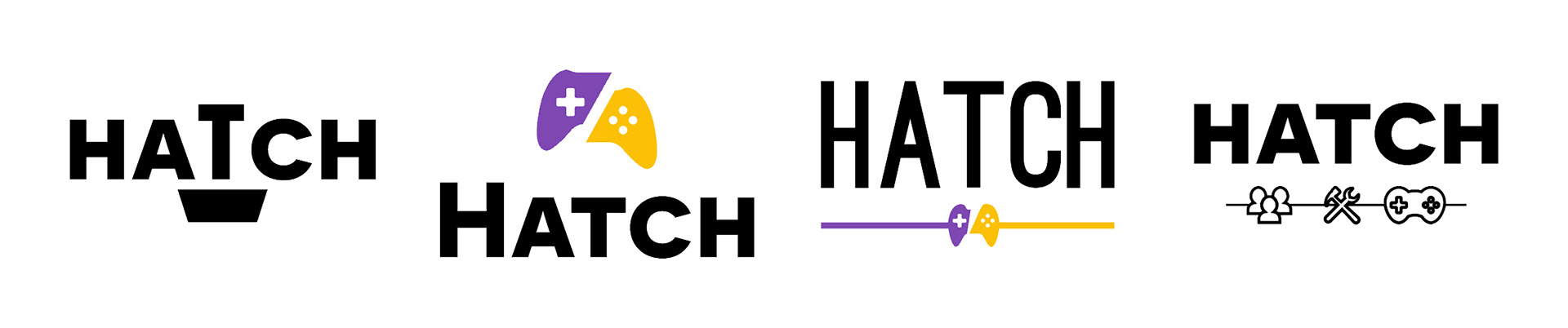 First round of logos displaying "HATCH" with a video game controller.