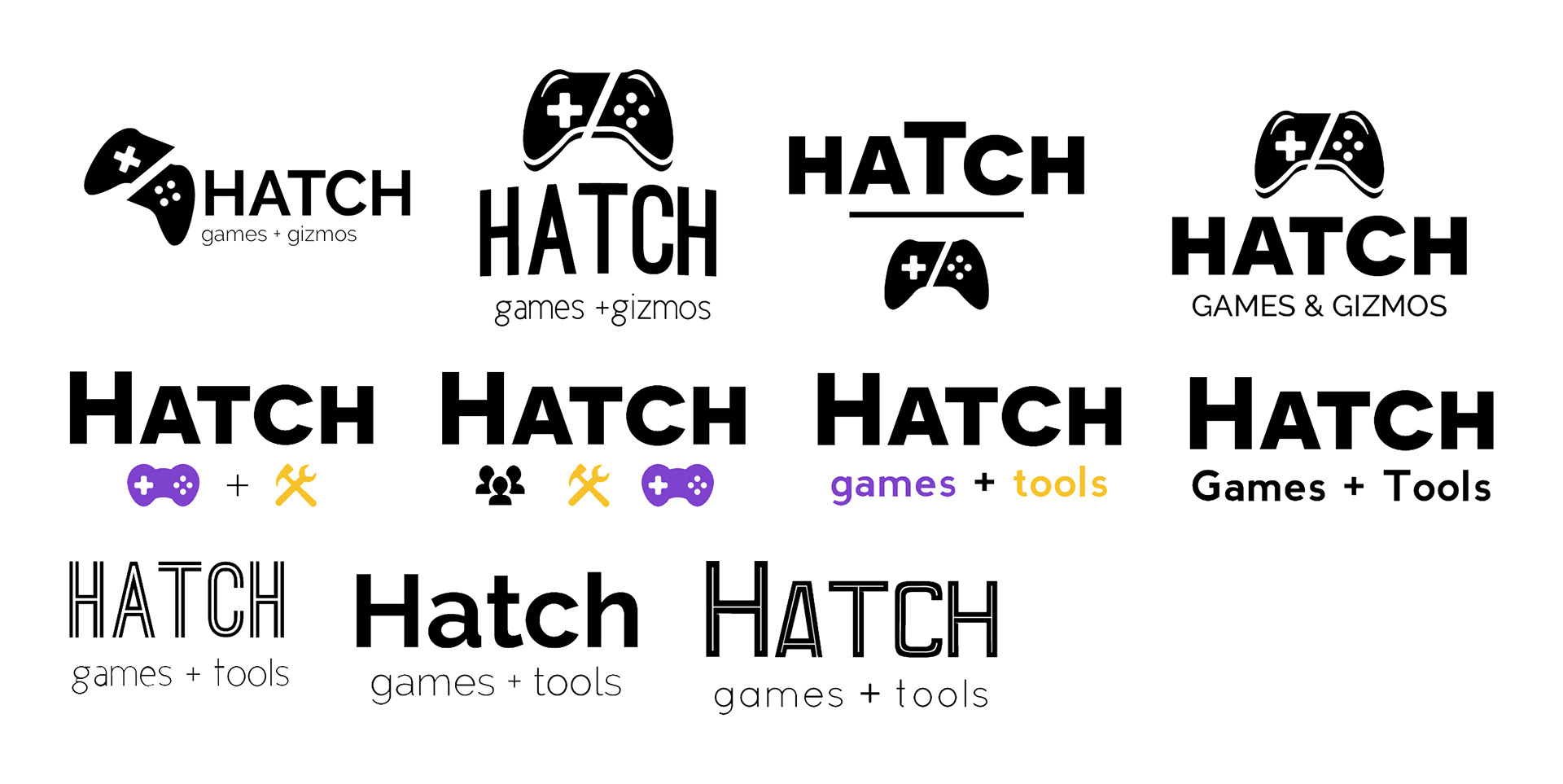 Second round of logos displaying "HATCH" with a video game controller.