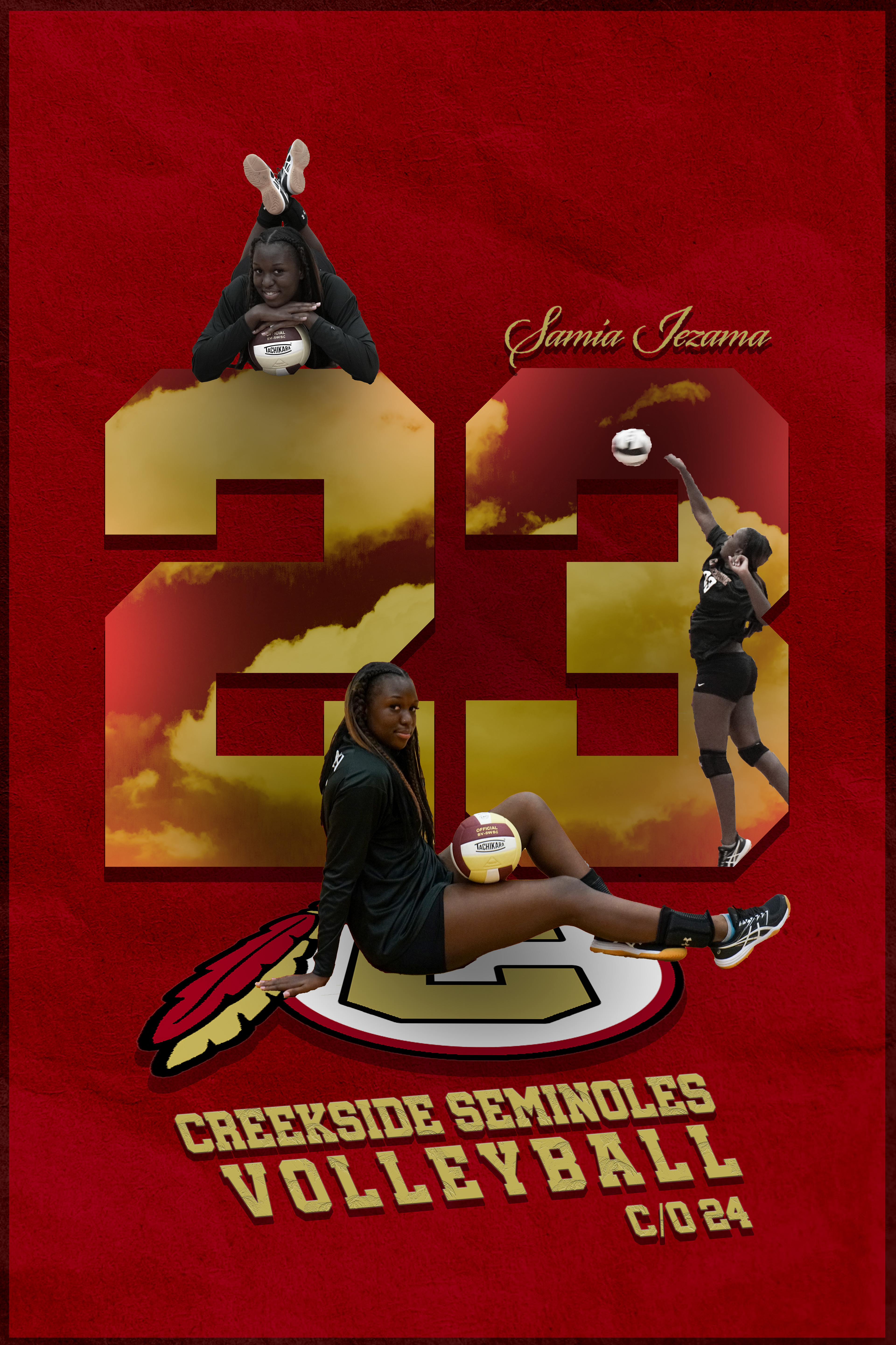 Highschool volleyball team wanted a design for their seniors on senior night. I created this design in Photoshop. I made sure to use multiple pictures and angles of each player along with their logo and other design elements.