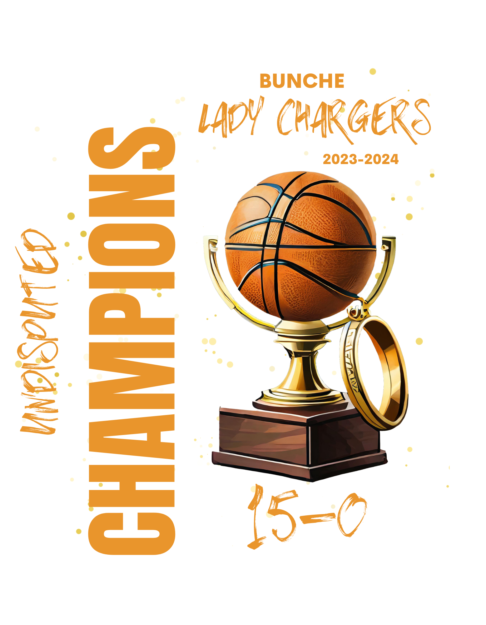 This t-shirt/logo design was designed in Adobe Firefly and Photoshop. My prompt was "A basketball trophy with a championship ring attached to it." AI generated this image, along with others, and then I brought them into Photoshop and did my alterations to them. I of course added the text to bring the entire design to life.