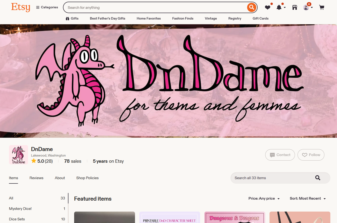 DnDame Etsy Storefront
