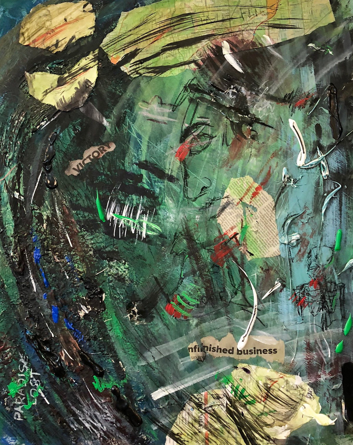 "Paradise Lost" 18x24" Acrylic and Found Paper on Canvas