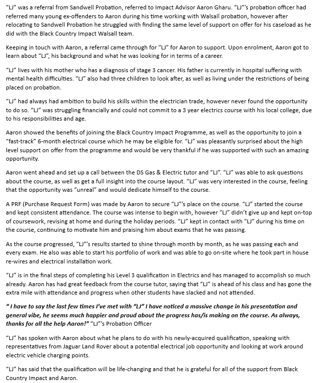 Example Case Study article that was used for referrals from Youth Justice and Job Centre teams, shared via e-mail newsletters, website links and more.