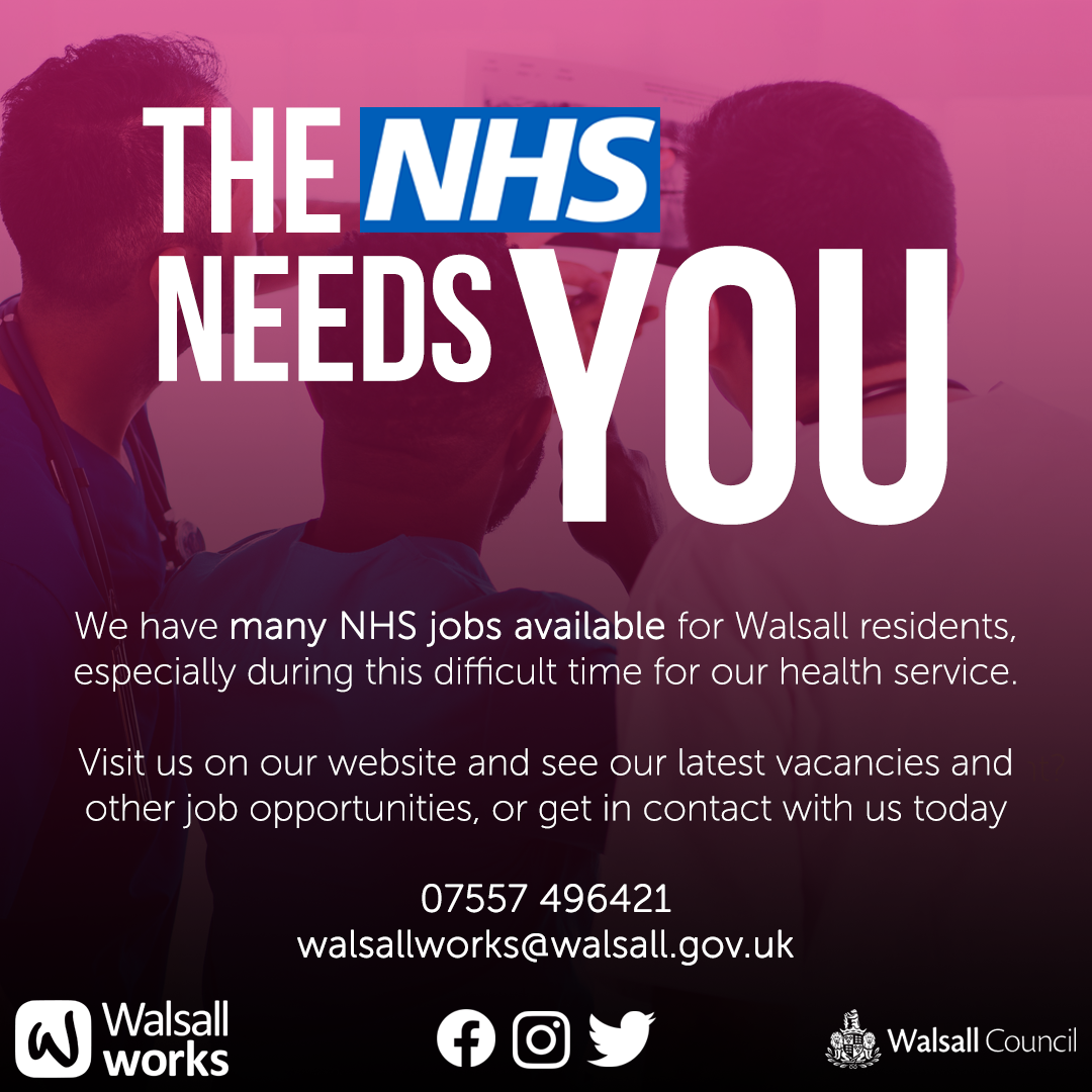 Post design for vital NHS job vacancies, listing not only medical-type jobs but also logistics, volunteer, COVID testing and much more.