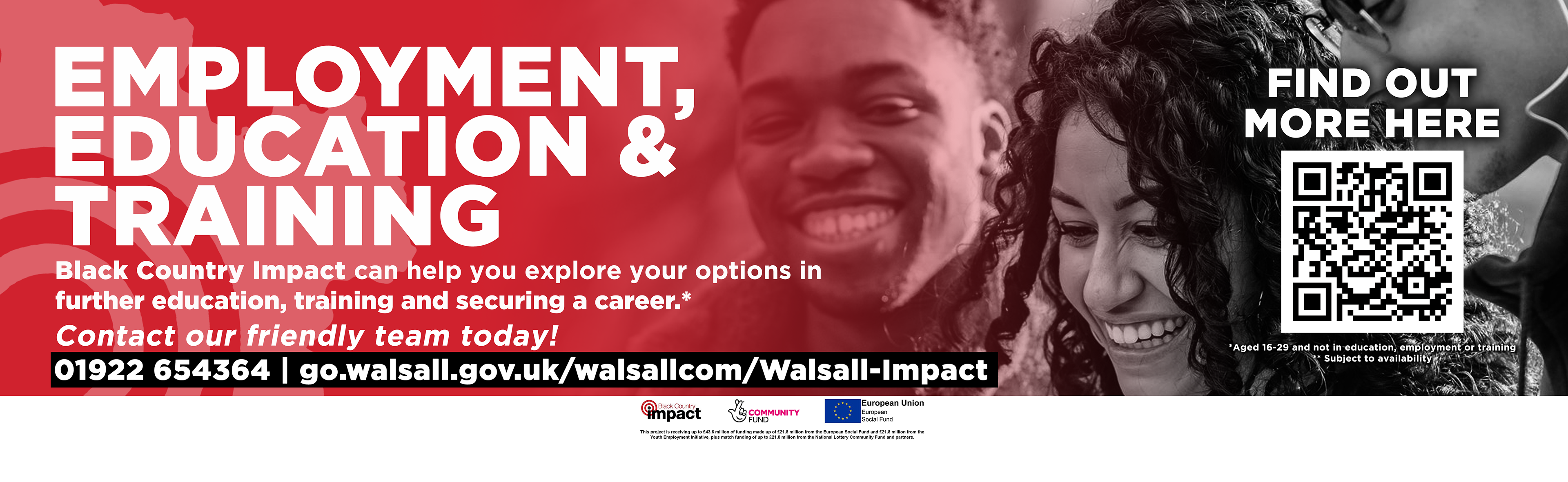 Outdoor advertising banner for "Passenger Panels" on Walsall buses. Eye-catching design with helpful QR code for links to website (and directions to Impact Hub!)