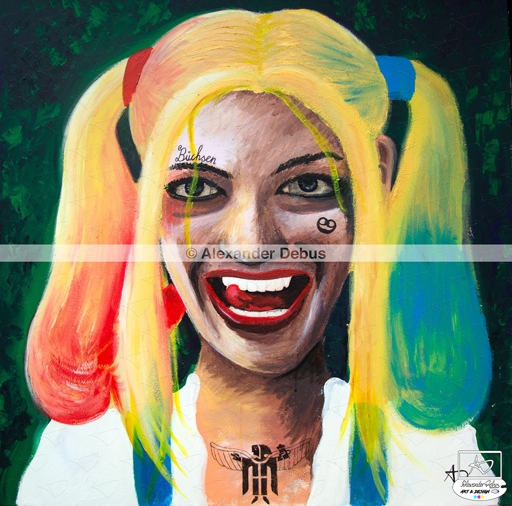 Eigenprojekt | Bilderserie: "Bavarian Movie Art" - Umgestaltung von bekannten Szenen aus Kultfilmen in bayerische Verhältnisse ; hier "Harley Quinn (Margot Robbie) aus dem Film Suicide Squad" ; Acryll auf Leinwand (80x80cm)