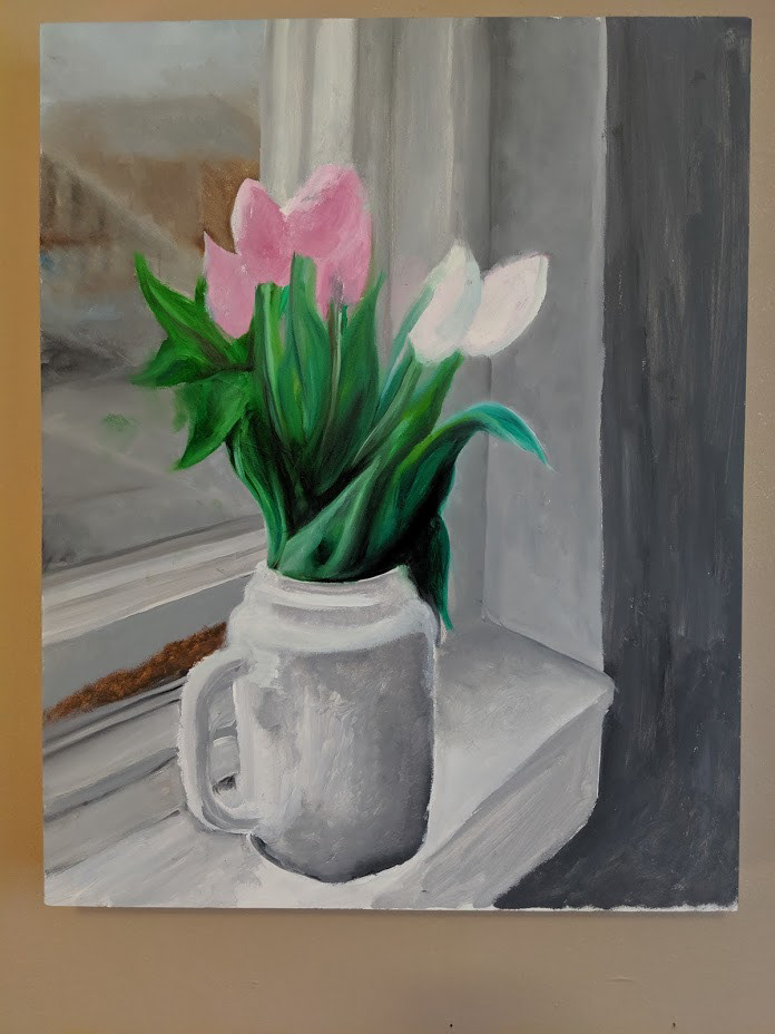tulips in the window (oil)