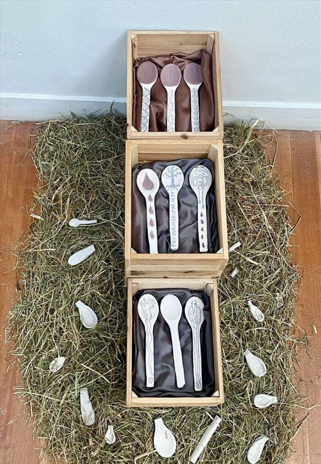 Spoons for Baptisms / 2023 Casted ceramic spoons, Wood, hay, fabric