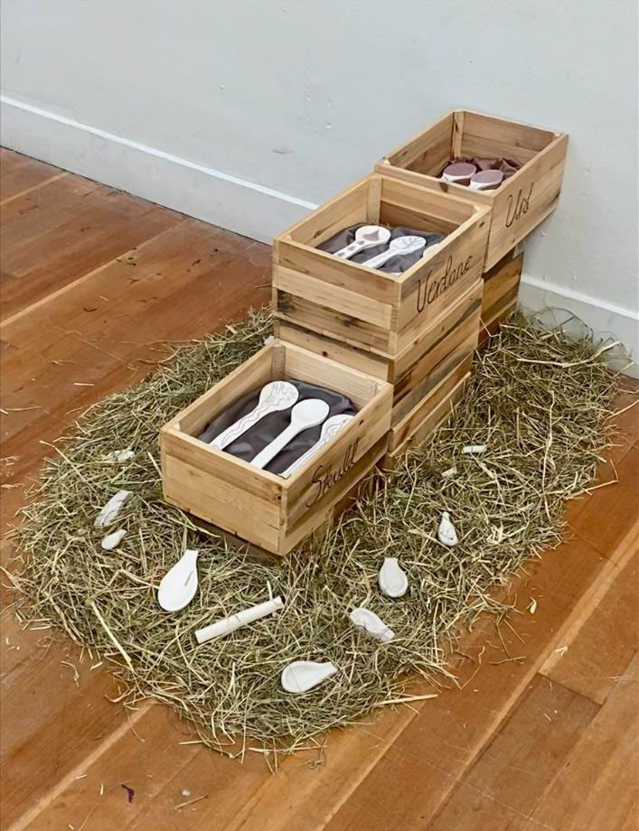 2023 Casted ceramic spoons, Wood, hay, fabric