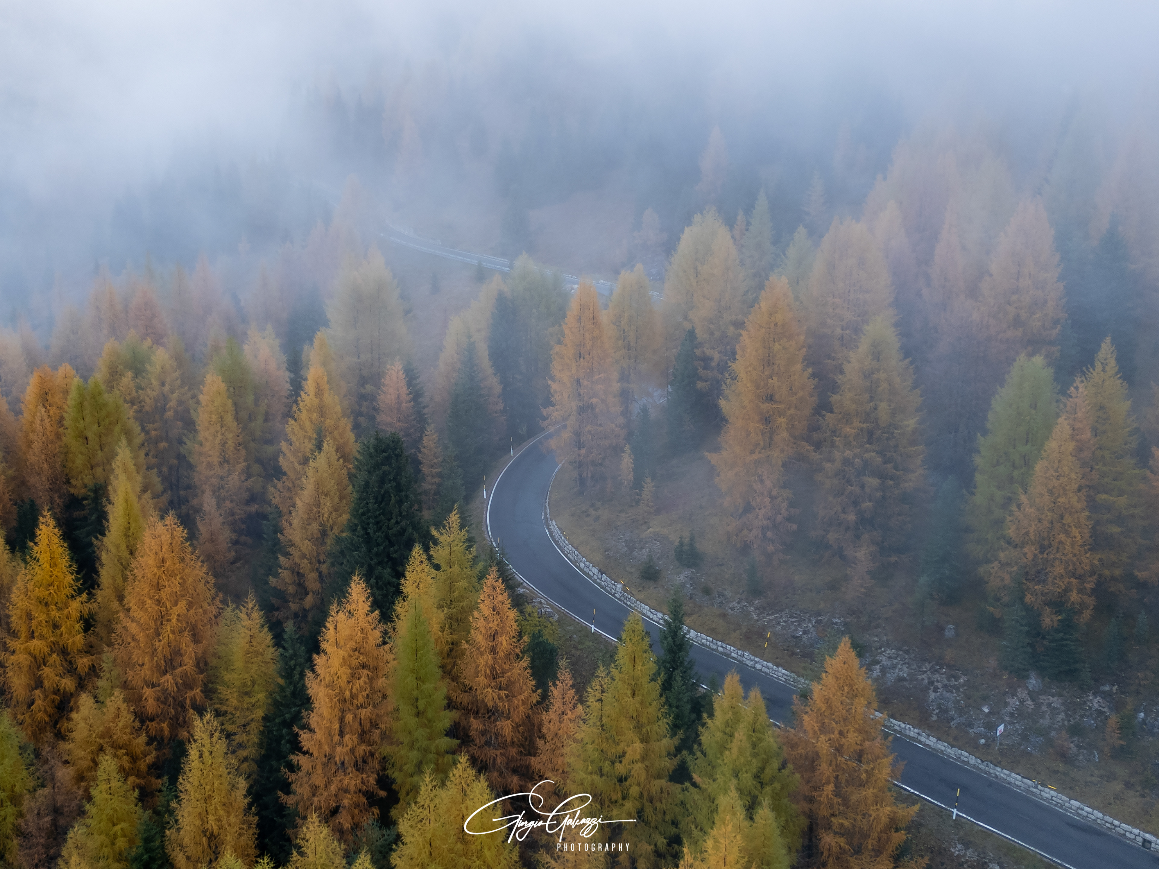 Strada per passo Sella - Foliage e nebba