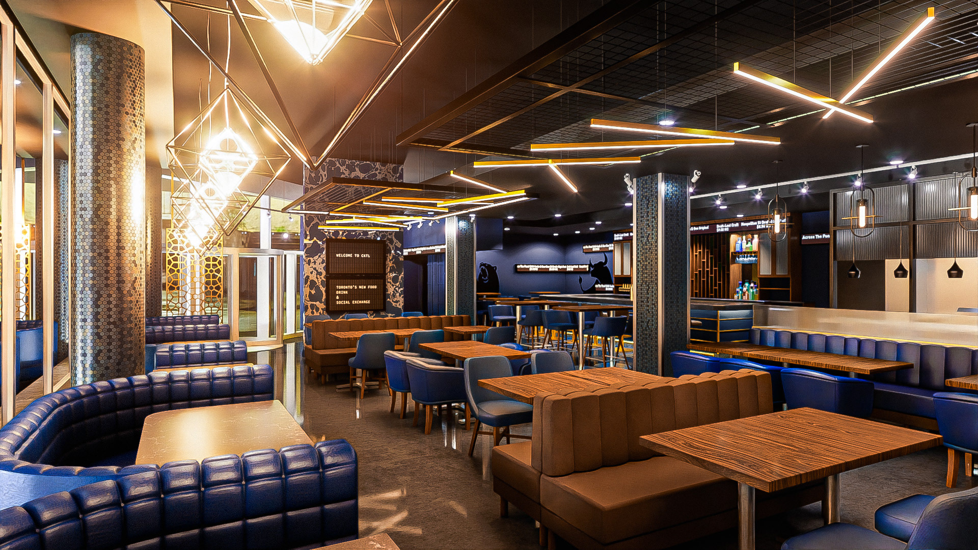 A 3D rendering of the interior of Cocktail and Co. restaurant, with sapphire blue leather booths, brown leather double-sided booths, wood grain tabletops, and bright jewel-shaped hanging pendant lights.