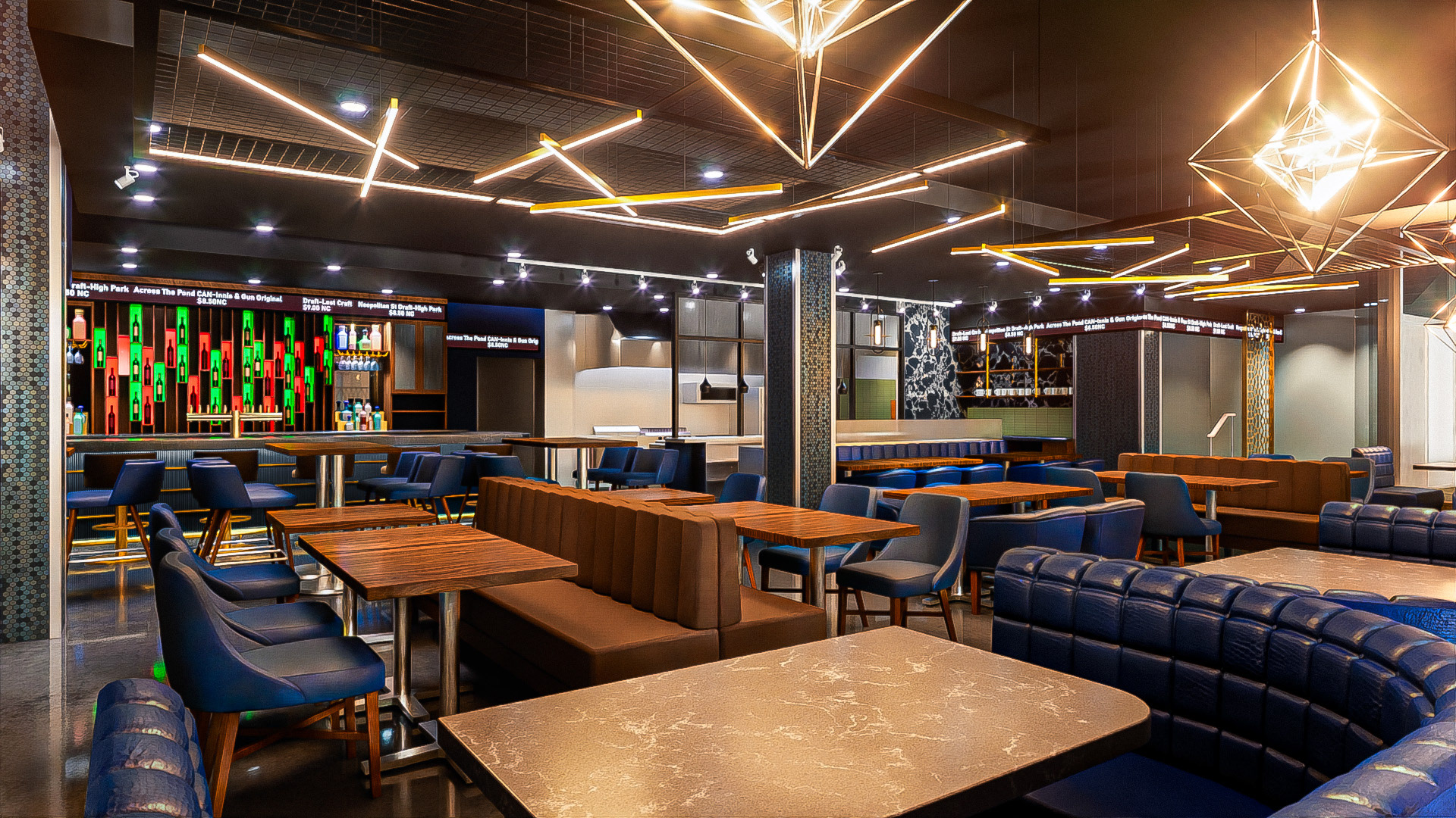 A 3D rendering of the interior of Cocktail and Co. restaurant, looking toward the bar with green and red backlit wine racks, with sapphire blue leather booths, brown leather double-sided booths, wood grain tabletops, and bright jewel-shaped hanging pendant lights.