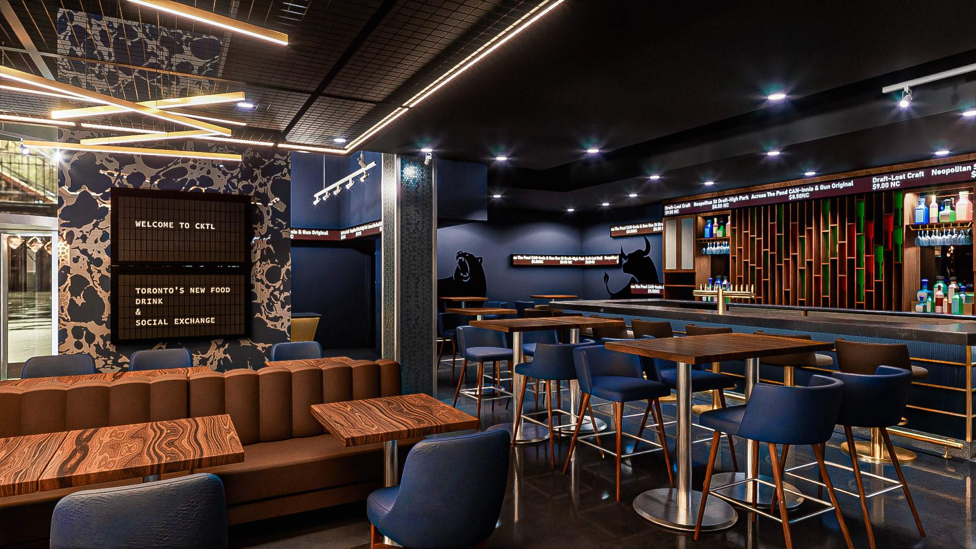 A 3D rendering of the interior of Cocktail and Co. restaurant, looking toward a black split-flap display with "Welcome to CKTL" shown on it.