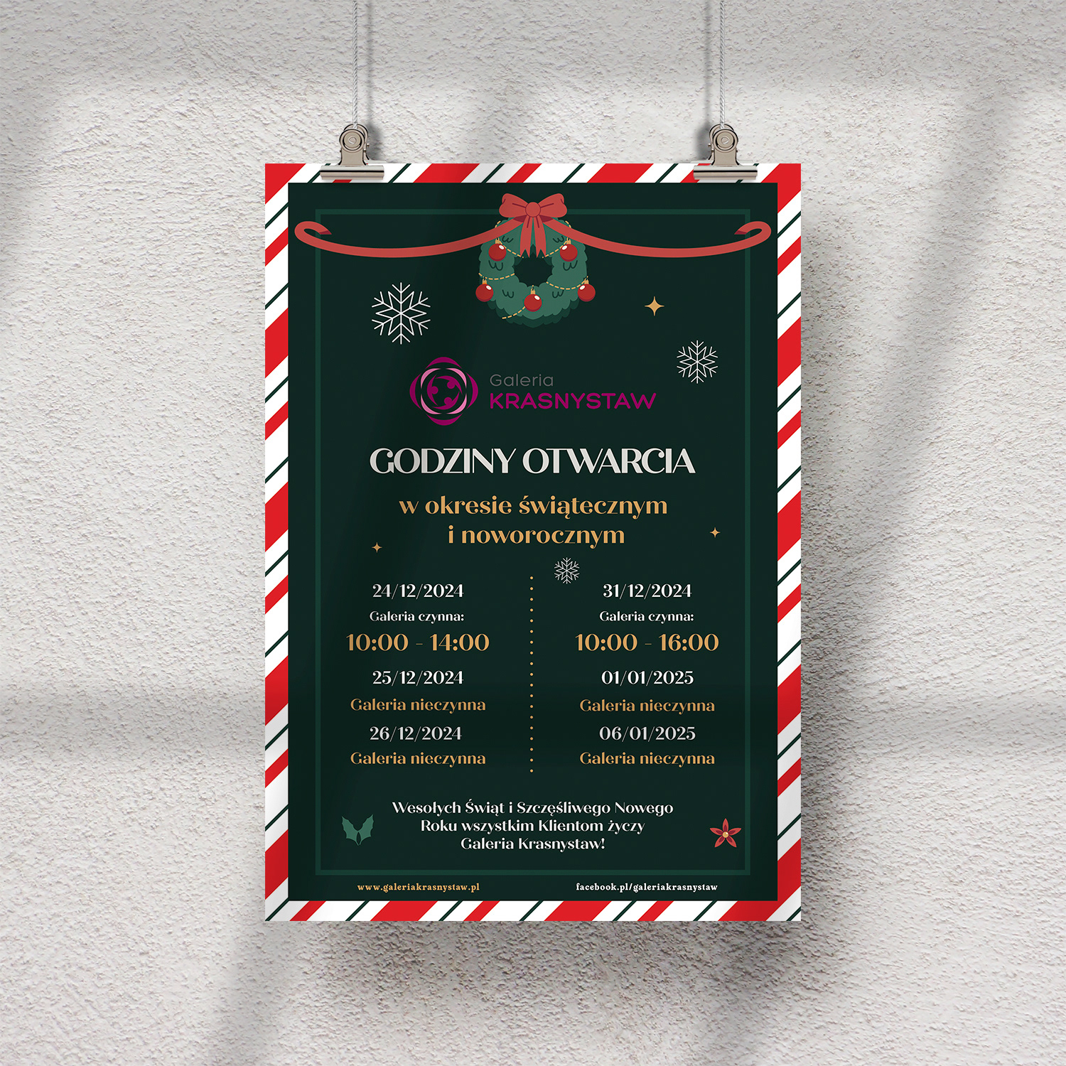 Plakat informujący o specjalnych godzinach otwarcia galerii w czasie świąt Bożego Narodzenia i Nowego Roku. Elegancka, świąteczna oprawa graficzna i życzenia dla klientów.
