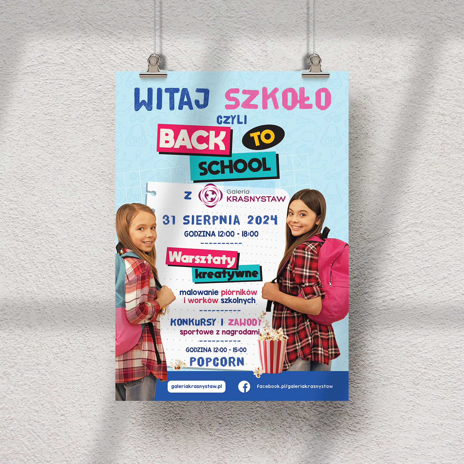 Plakat promujący wydarzenie z okazji rozpoczęcia roku szkolnego. Warsztaty kreatywne, konkursy i darmowy popcorn dla dzieci. Kolorowa, radosna kompozycja nawiązująca do szkolnych przyborów.