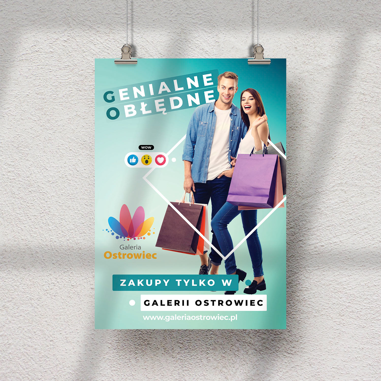 Promocja zakupów w Galerii Ostrowiec z hasłem "Genialne i błędne". Plakat z nowoczesną grafiką zachęca do odwiedzenia galerii i skorzystania z oferty.