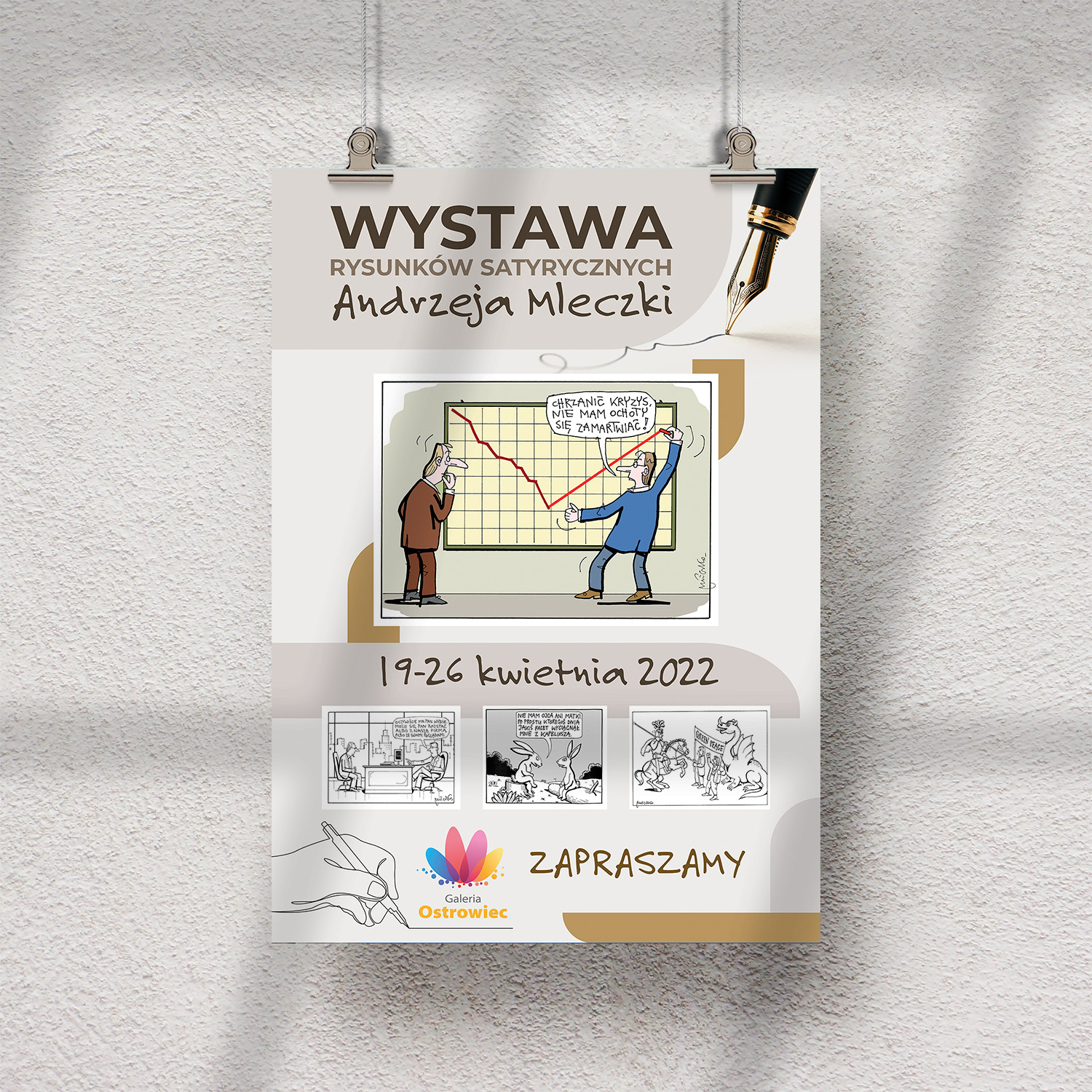 Informacja o wystawie znanego rysownika satyrycznego. Plakat w eleganckiej, minimalistycznej formie z charakterystycznym humorem Mleczki.
