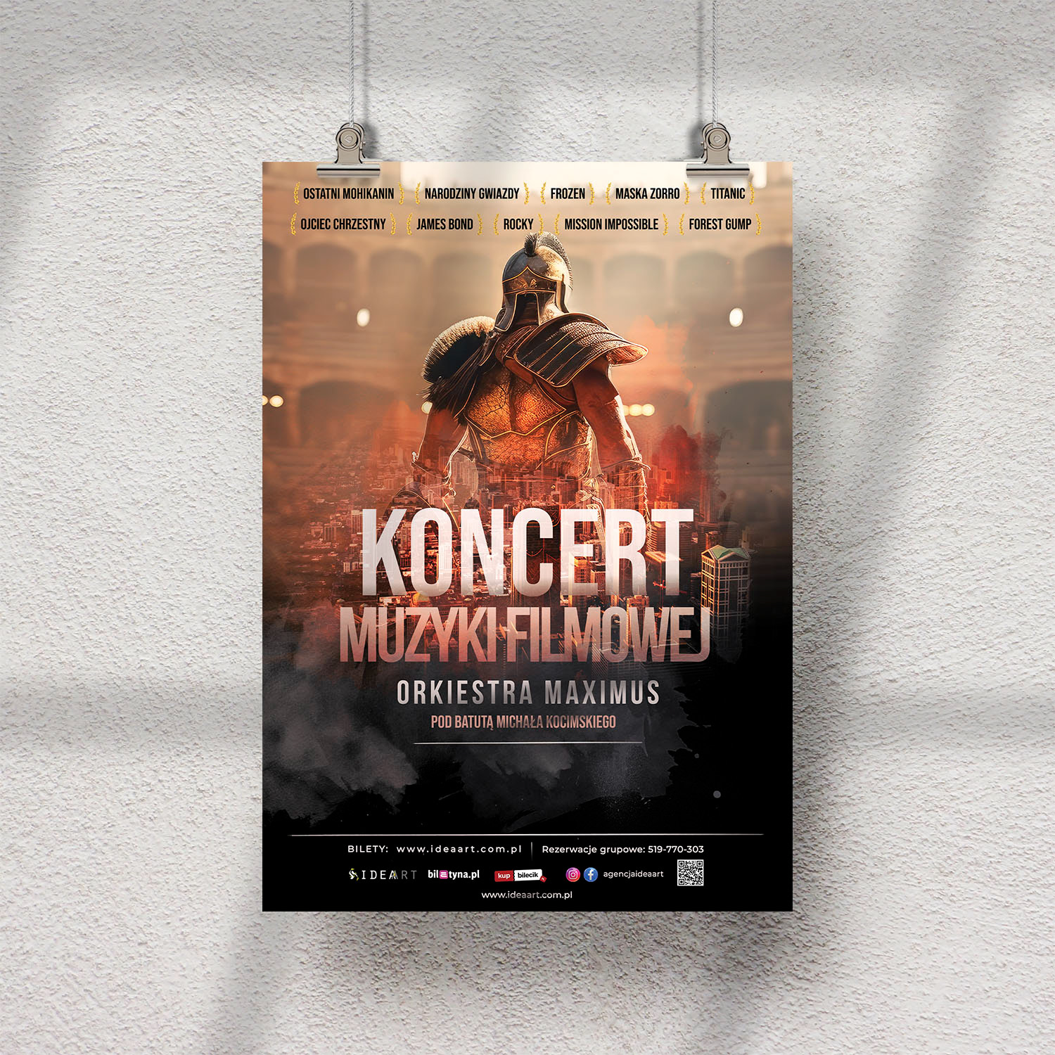 Plakat promujący widowiskowy koncert muzyki filmowej w wykonaniu Orkiestry Maximus pod batutą Michała Kocimskiego. Na plakacie wymieniono utwory z takich filmów jak Gladiator, Titanic, Mission Impossible i inne. Epicki design w klimacie filmowym.