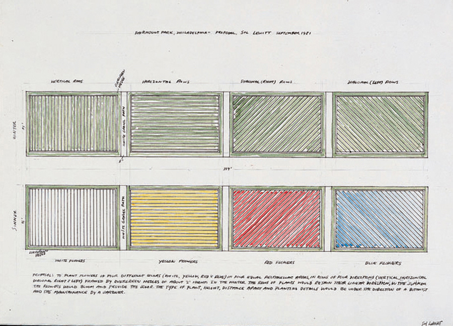 Sol LeWitt, Propuesta para Lines in Four Directions in Flowers para la Fairmount Park Art Association, 1981.