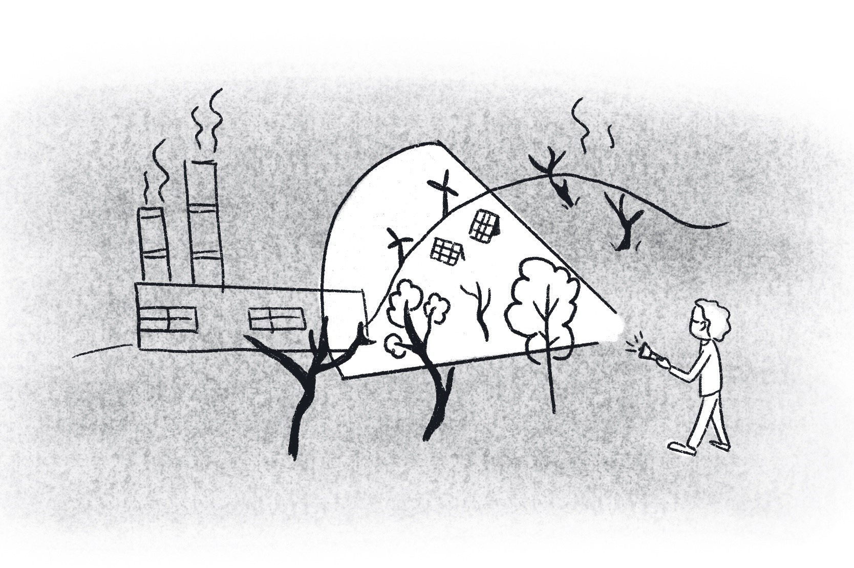Main Illustration of a man seeing how his reality changes by using the flashlight