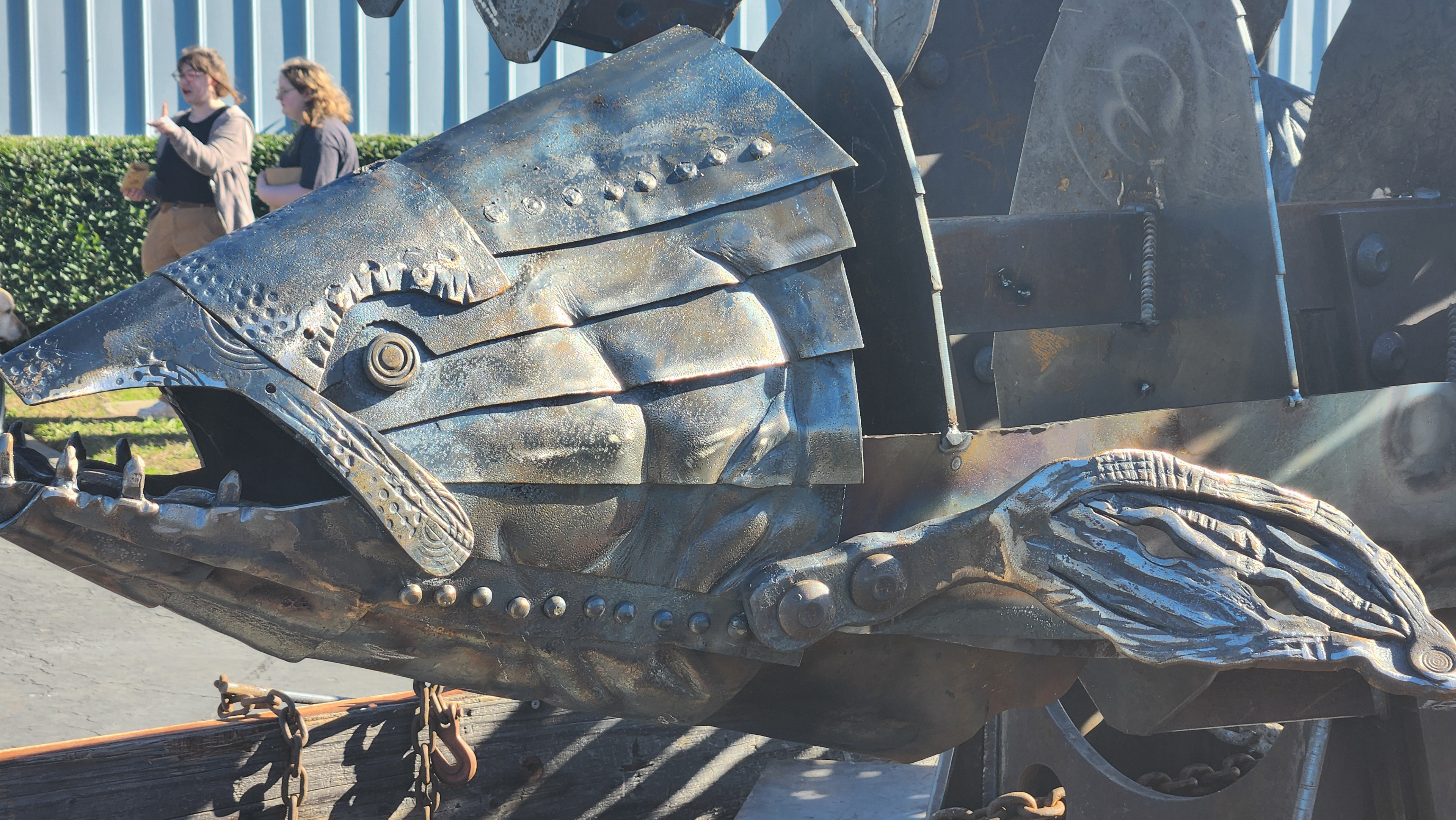 Picture taken of Sculpture at the Fair Grounds in Chico on a Trailer on Display for first public preview (Close Up of sculptural detail of the Bottom Head)