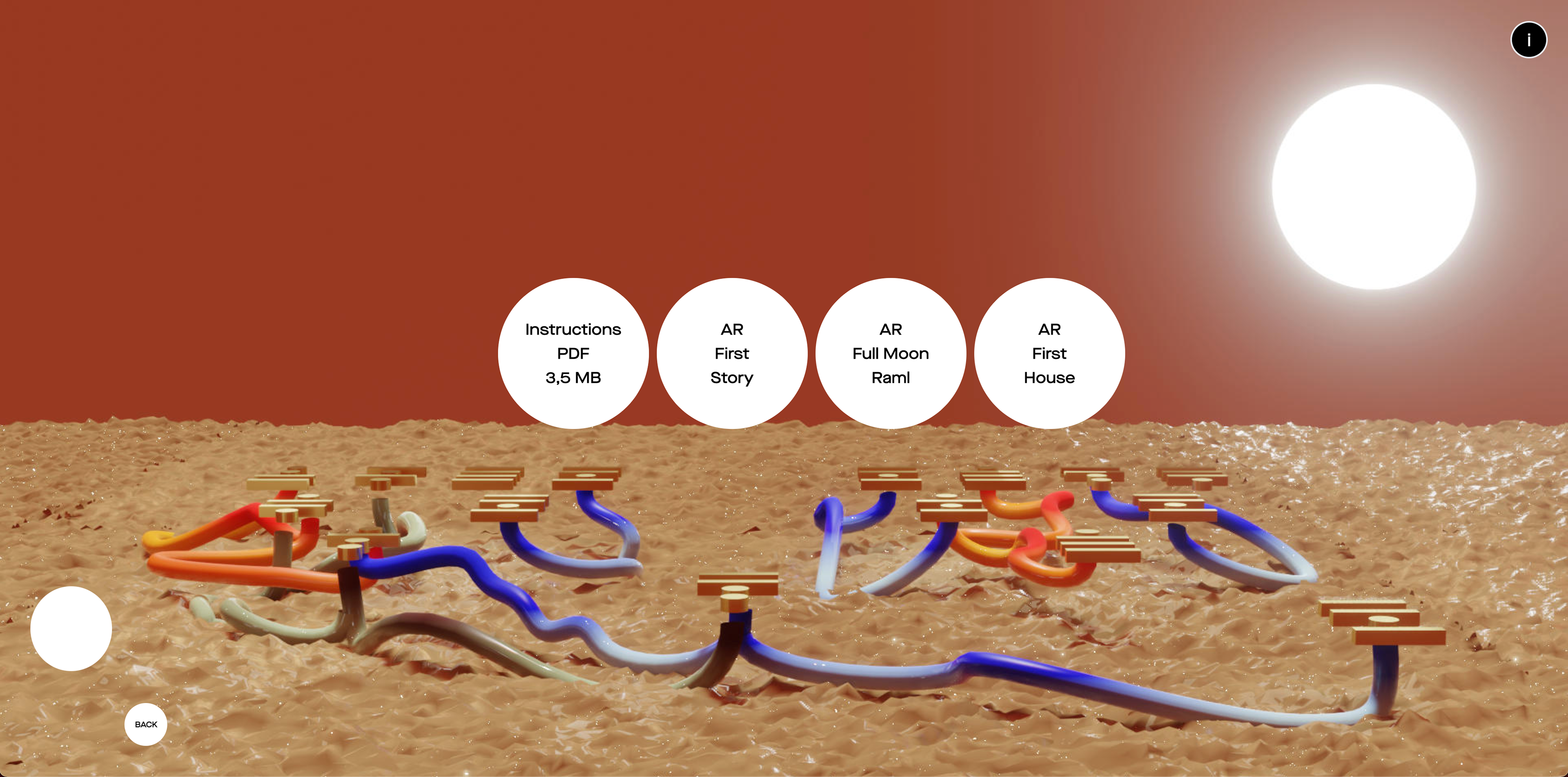 This image represents an screenshot of the umm al raml project website image. Screenshots show a background of a 3D model scene with four circle buttons in the middle.