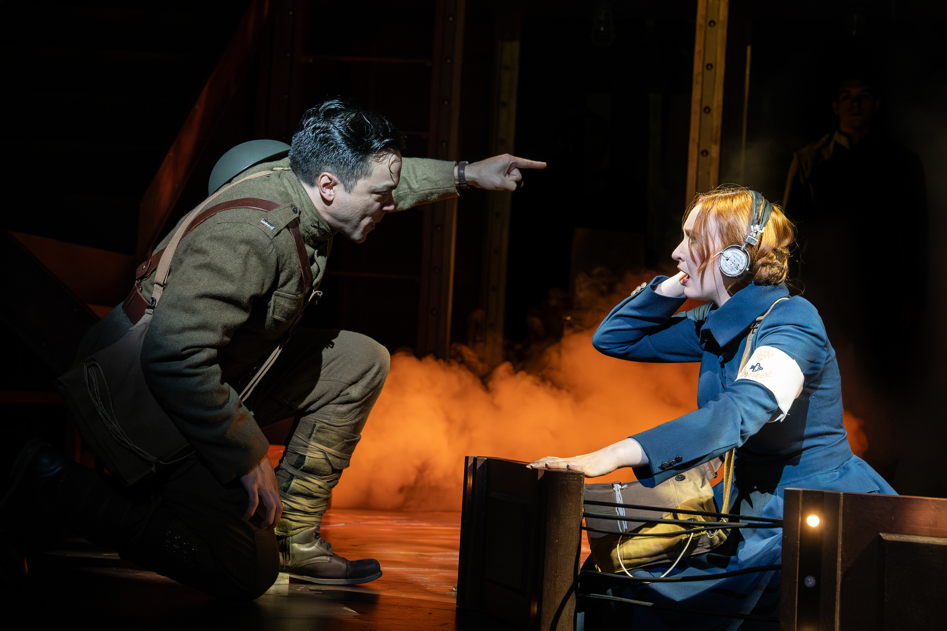 Sam Simahk and Chessa Metz in the Syracuse Stage production of "The Hello Girls." September 9 - 28, 2025. Music and lyrics by Peter Mills. Book by Peter Mills and Cara Reichel. Directed by Cara Reichel. Co-produced with Michael Cassel Group, Broadway & Beyond Theatricals, and Chief Operator. Photo by Joan Marcus.